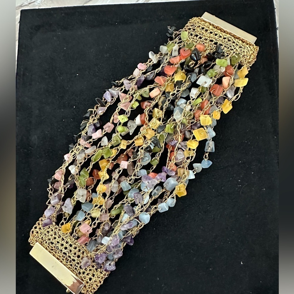 SALE: Bracelet Multi-colored natural stones strung on gold woven wire. 4” wide